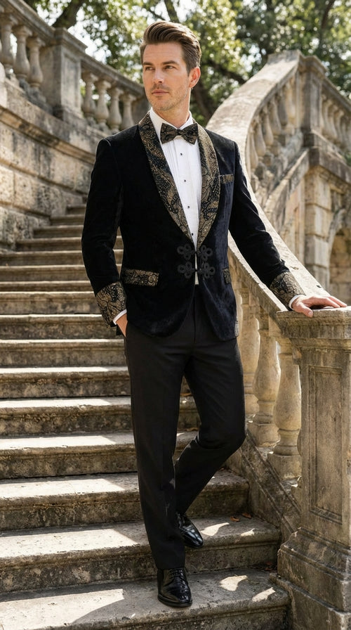 Mens Smoking Jacket  Black and Gold Embroidered Tuxedo Blazer Luxury Velvet Formal Dinner Jacket with Paisley Lapel