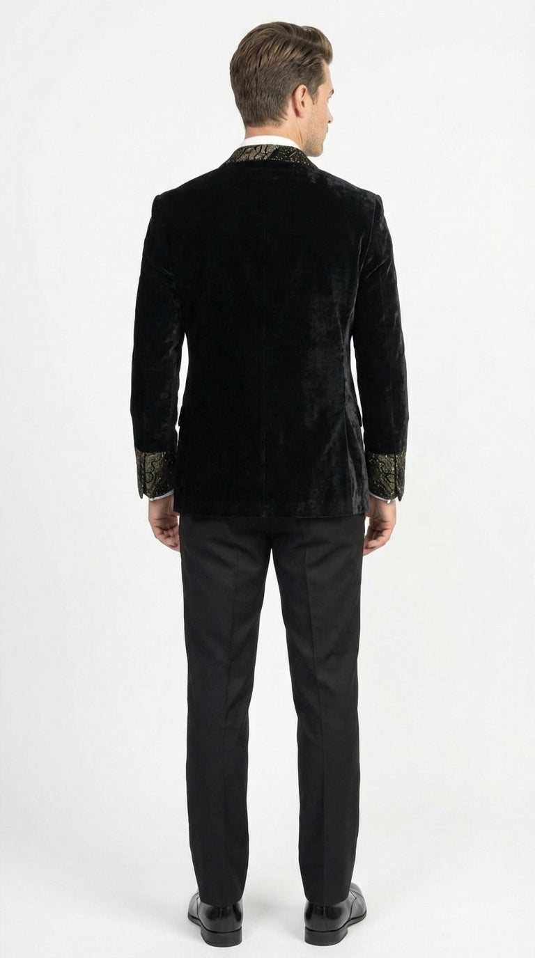 Men’s Smoking Jacket  Black and Gold Embroidered Tuxedo Blazer – Luxury Velvet Formal Dinner Jacket with Paisley Lapel - 38 Short Jacket+32 Waist Adjustable 28to34)(Height: 5 4 to5 7 )(Neck  15-16.5)S-M)