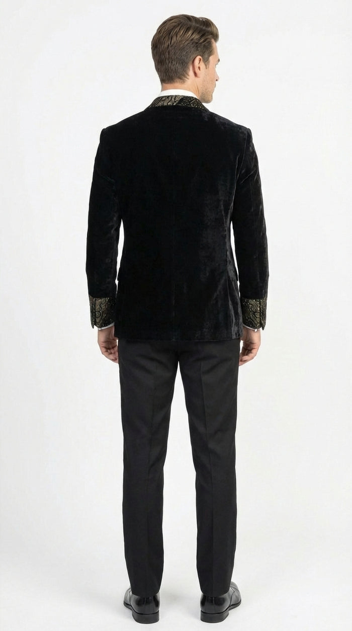 Mens Smoking Jacket  Black and Gold Embroidered Tuxedo Blazer Luxury Velvet Formal Dinner Jacket with Paisley Lapel