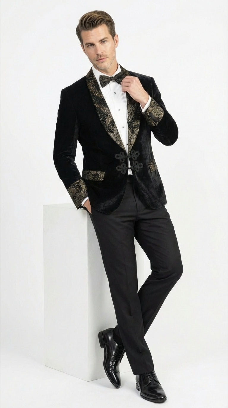Men’s Smoking Jacket  Black and Gold Embroidered Tuxedo Blazer – Luxury Velvet Formal Dinner Jacket with Paisley Lapel - 38 Short Jacket+32 Waist Adjustable 28to34)(Height: 5 4 to5 7 )(Neck  15-16.5)S-M)