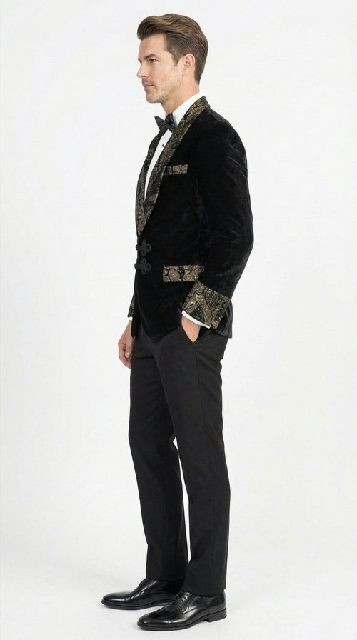 Mens Smoking Jacket  Black and Gold Embroidered Tuxedo Blazer Luxury Velvet Formal Dinner Jacket with Paisley Lapel