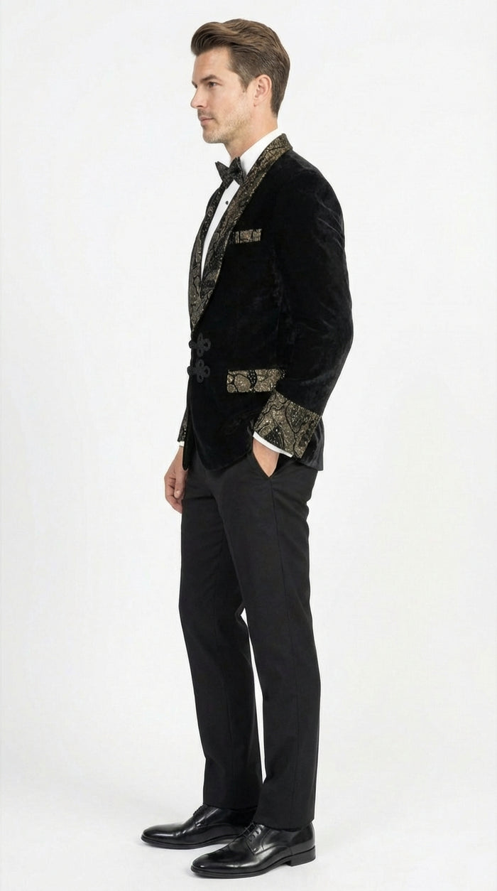Mens Smoking Jacket  Black and Gold Embroidered Tuxedo Blazer Luxury Velvet Formal Dinner Jacket with Paisley Lapel