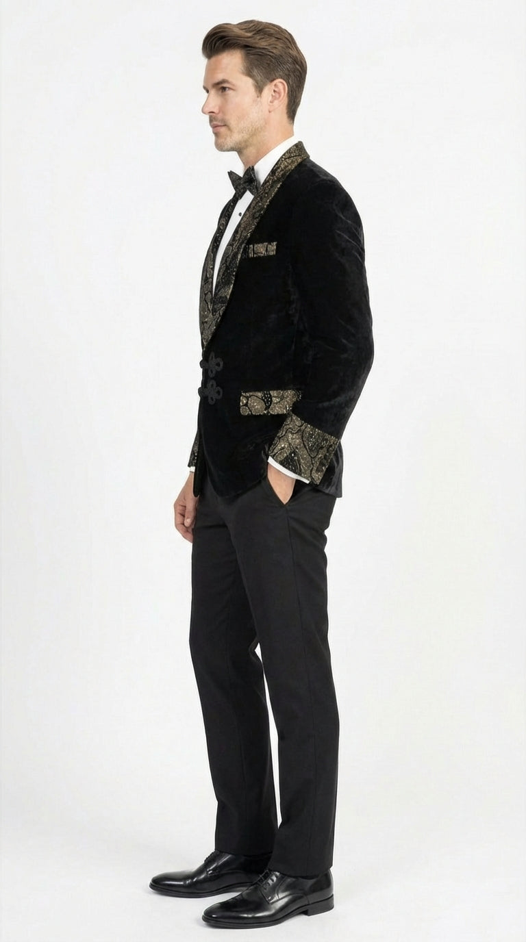 Mens Smoking Jacket  Black and Gold Embroidered Tuxedo Blazer Luxury Velvet Formal Dinner Jacket with Paisley Lapel