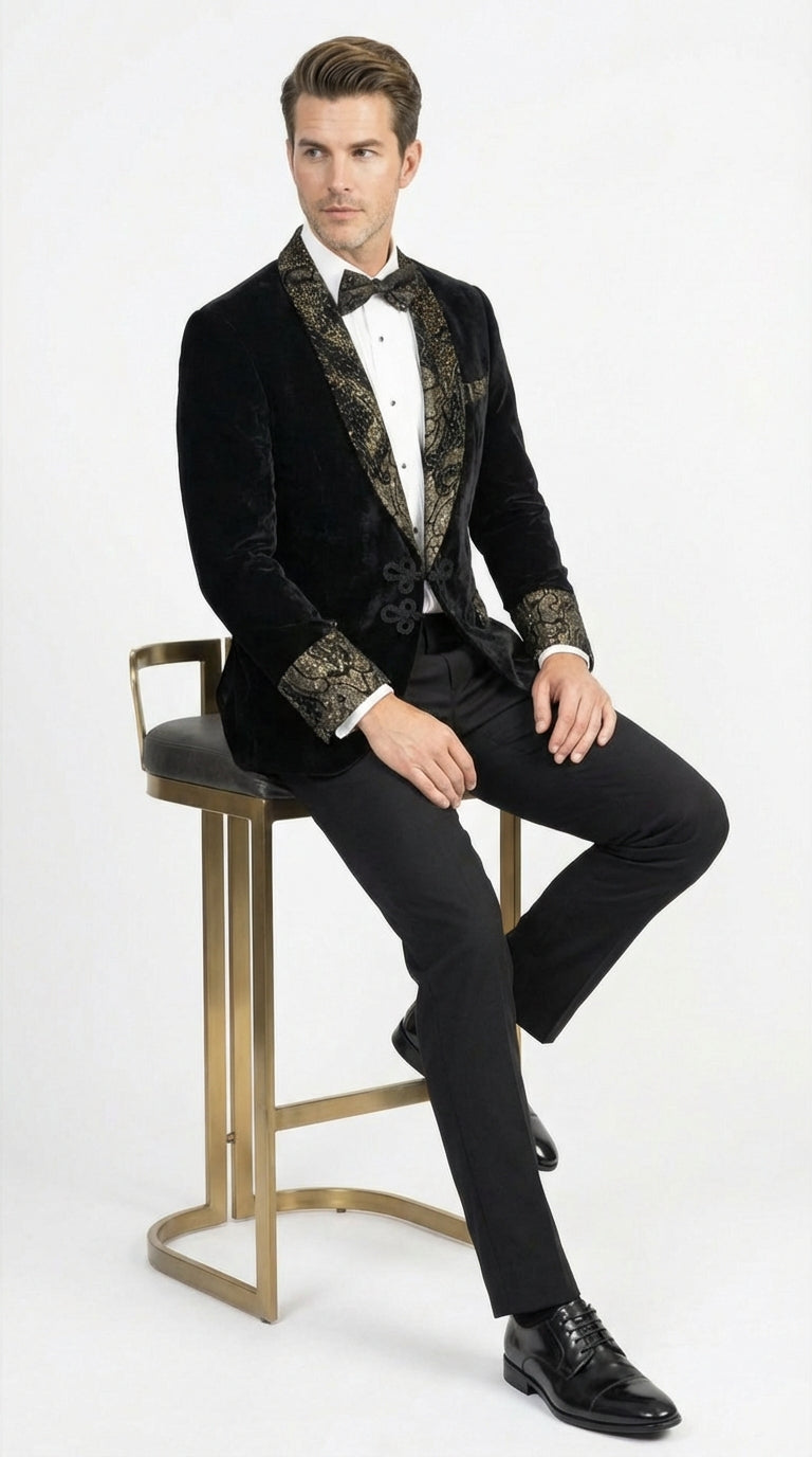 Men’s Smoking Jacket  Black and Gold Embroidered Tuxedo Blazer – Luxury Velvet Formal Dinner Jacket with Paisley Lapel - 38 Short Jacket+32 Waist Adjustable 28to34)(Height: 5 4 to5 7 )(Neck  15-16.5)S-M)