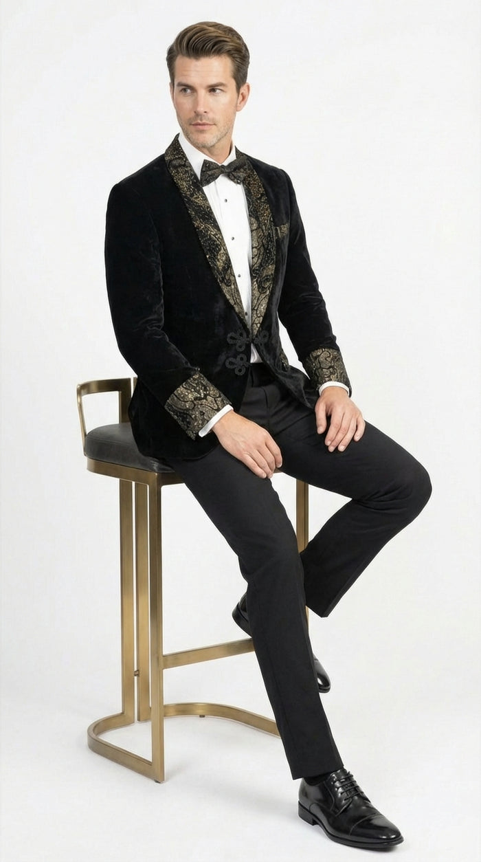 Mens Smoking Jacket  Black and Gold Embroidered Tuxedo Blazer Luxury Velvet Formal Dinner Jacket with Paisley Lapel