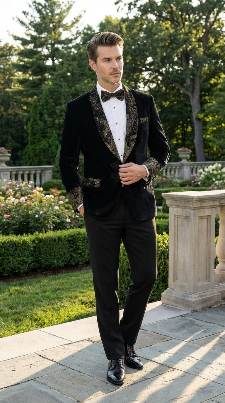 Men’s Smoking Jacket  Black and Gold Embroidered Tuxedo Blazer – Luxury Velvet Formal Dinner Jacket with Paisley Lapel - 38 Short Jacket+32 Waist Adjustable 28to34)(Height: 5 4 to5 7 )(Neck  15-16.5)S-M)