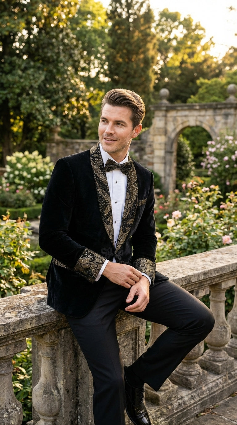 Men’s Smoking Jacket  Black and Gold Embroidered Tuxedo Blazer – Luxury Velvet Formal Dinner Jacket with Paisley Lapel - 38 Short Jacket+32 Waist Adjustable 28to34)(Height: 5 4 to5 7 )(Neck  15-16.5)S-M)