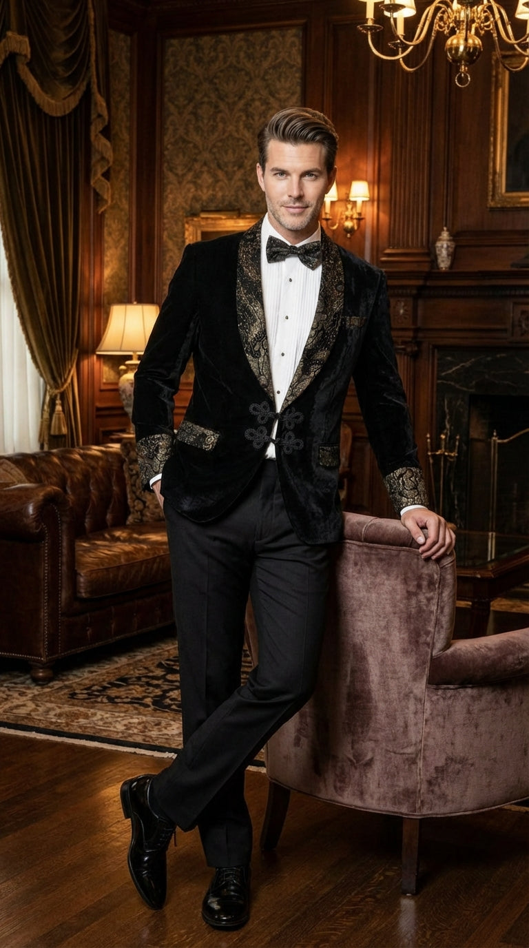Men’s Smoking Jacket  Black and Gold Embroidered Tuxedo Blazer – Luxury Velvet Formal Dinner Jacket with Paisley Lapel - 38 Short Jacket+32 Waist Adjustable 28to34)(Height: 5 4 to5 7 )(Neck  15-16.5)S-M)