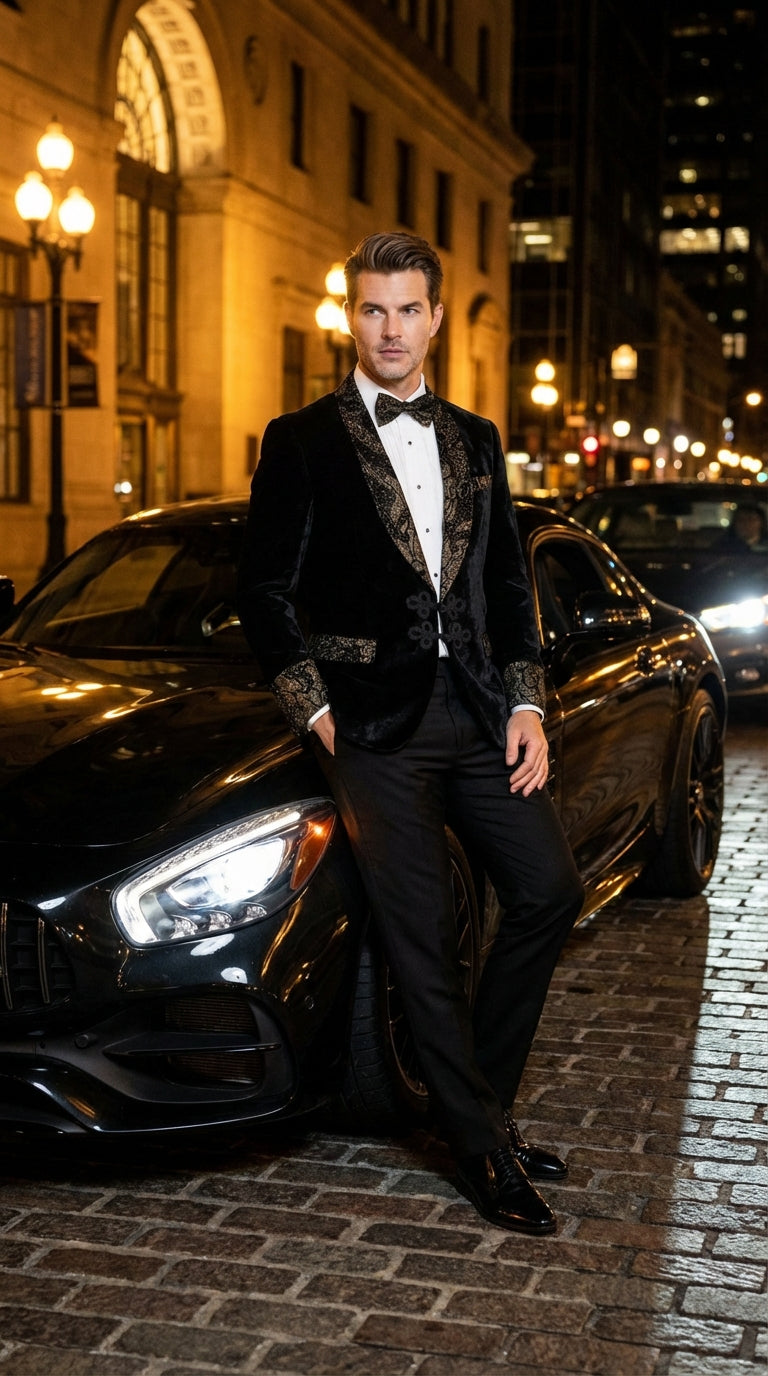 Men’s Smoking Jacket  Black and Gold Embroidered Tuxedo Blazer – Luxury Velvet Formal Dinner Jacket with Paisley Lapel - 38 Short Jacket+32 Waist Adjustable 28to34)(Height: 5 4 to5 7 )(Neck  15-16.5)S-M)