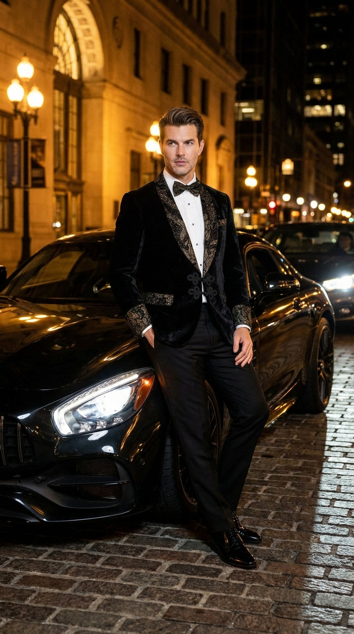 Mens Smoking Jacket  Black and Gold Embroidered Tuxedo Blazer Luxury Velvet Formal Dinner Jacket with Paisley Lapel