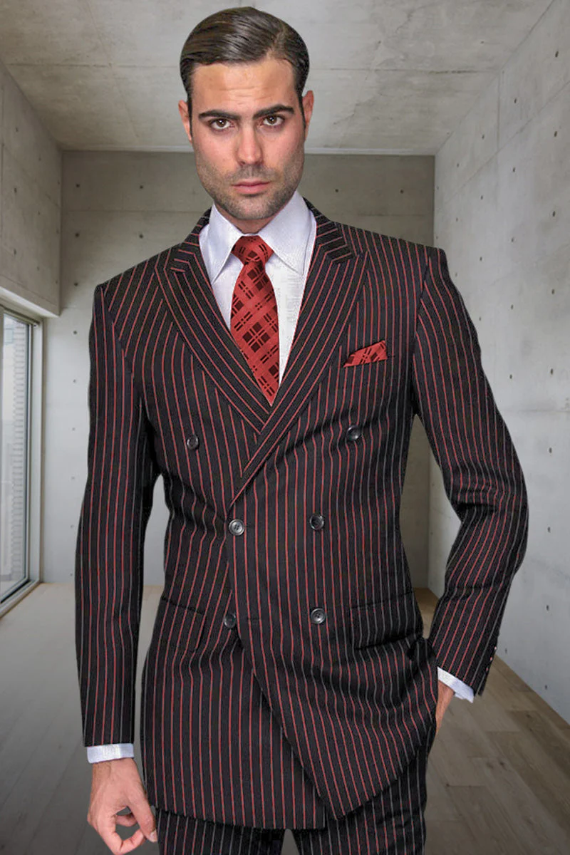Black and Red Pinstripe Double breasted Suit - 100% Wool Modern Fit Side Vents by Statement brand - 36 Short