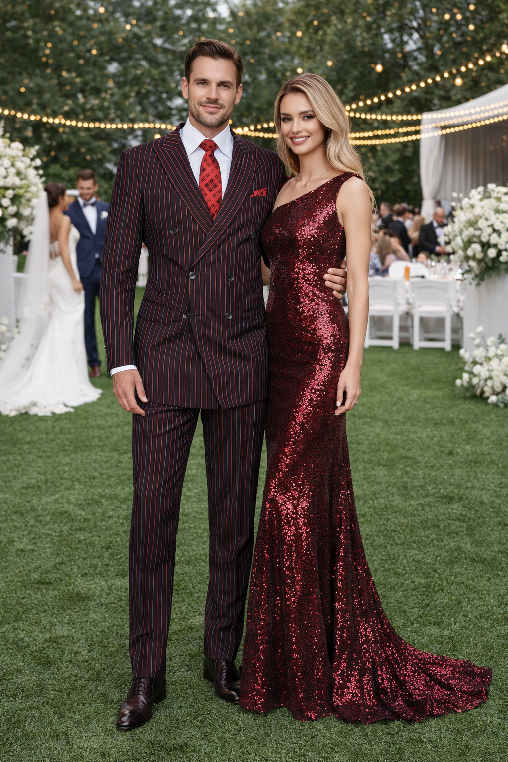 Black and Red Pinstripe Double breasted Suit - 100% Wool Modern Fit Side Vents by Statement brand - 36 Short