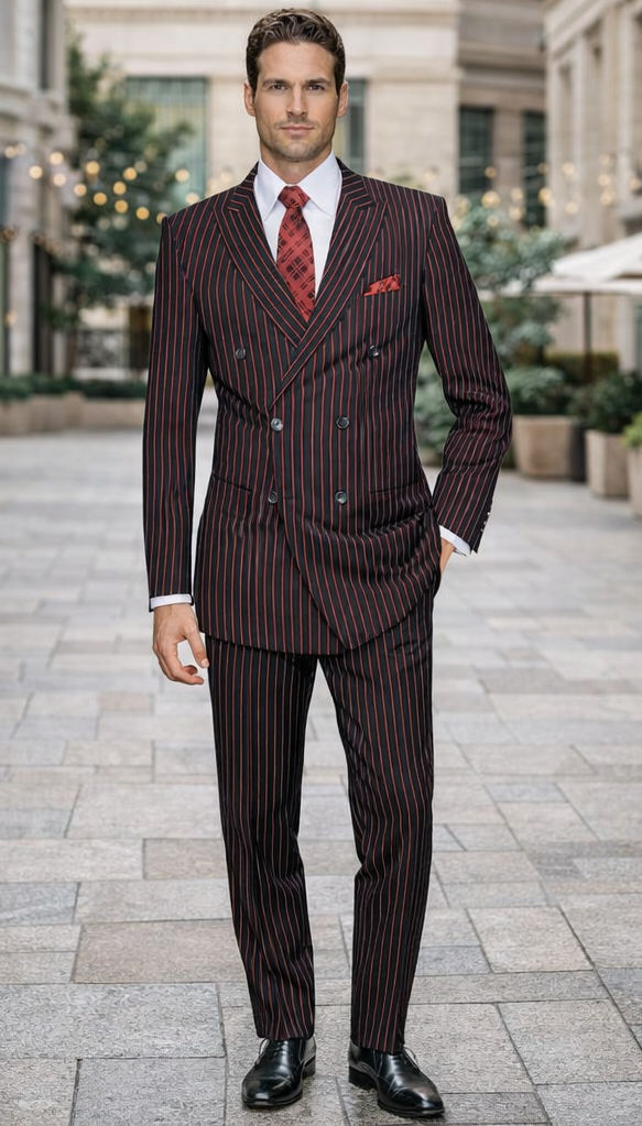 Black and Red Pinstripe Double breasted Suit - 100% Wool Modern Fit Side Vents by Statement brand - 36 Short