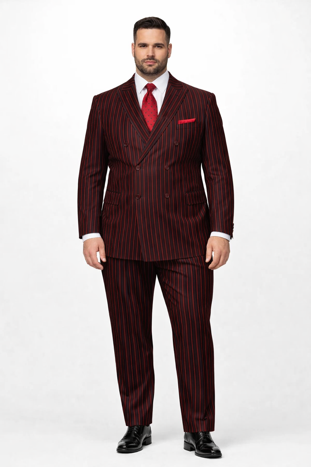 Black and Red Pinstripe Double breasted Suit - 100% Wool Modern Fit Side Vents by Statement brand - 36 Short