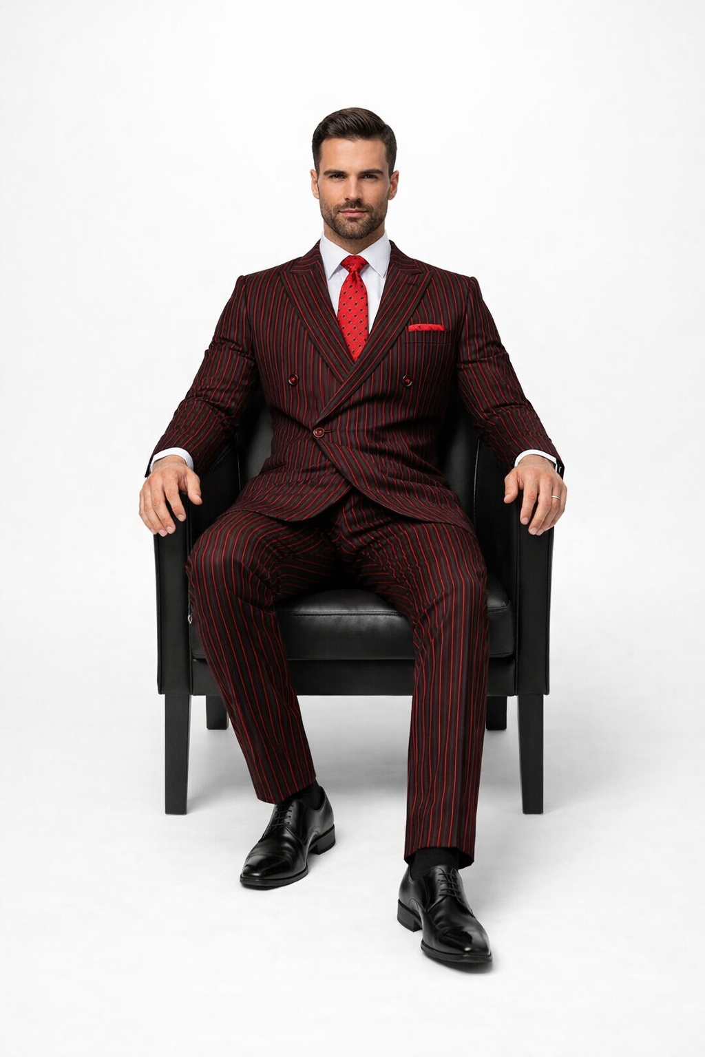 Black and Red Pinstripe Double breasted Suit - 100% Wool Modern Fit Side Vents by Statement brand - 36 Short