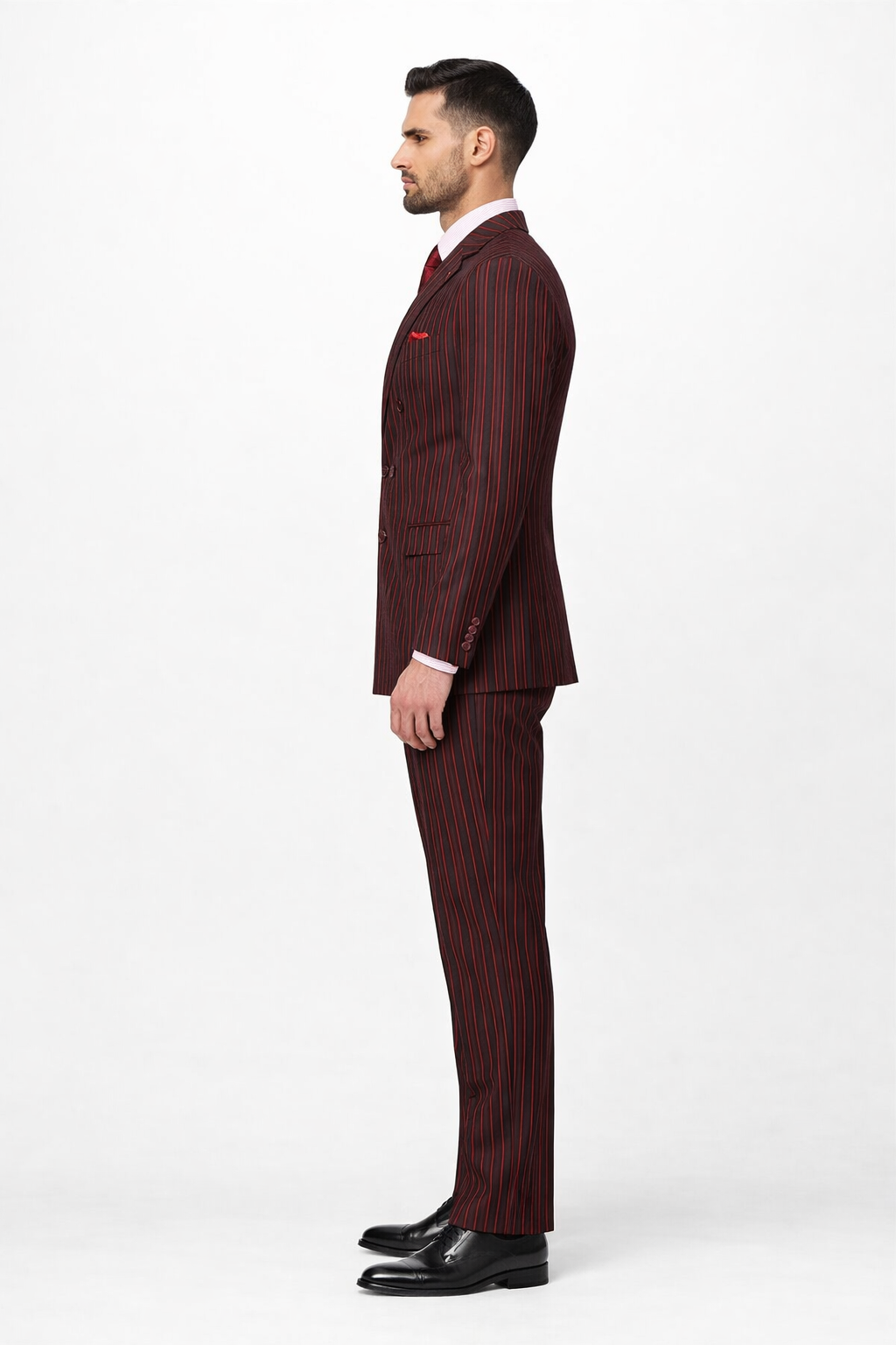 Black and Red Pinstripe Double breasted Suit - 100% Wool Modern Fit Side Vents by Statement brand - 36 Short