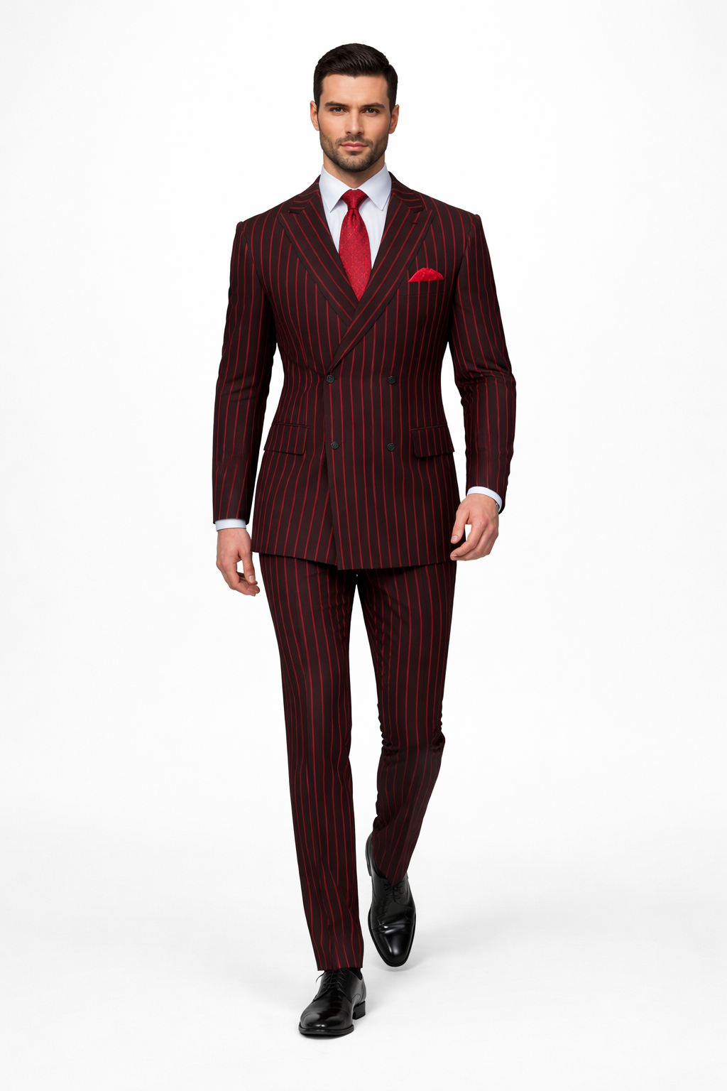 Black and Red Pinstripe Double breasted Suit - 100% Wool Modern Fit Side Vents by Statement brand - 36 Short