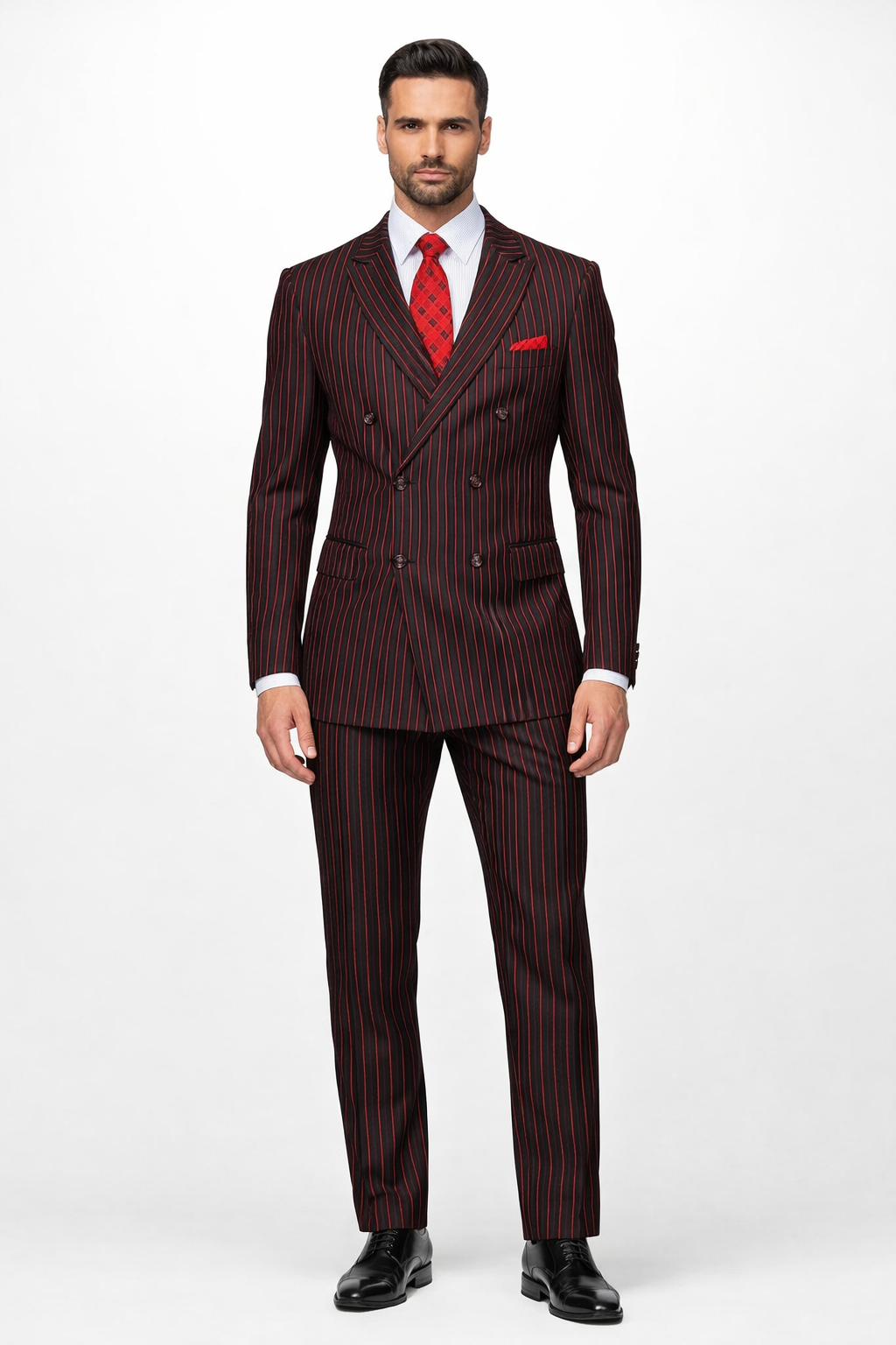 Black and Red Pinstripe Double breasted Suit - 100% Wool Modern Fit Side Vents by Statement brand - 36 Short