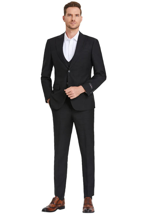 Cheap priced Suit - Men's Two Button Vested Peak Lapel Sharkskin Black Suit  Windowpane Plaid
