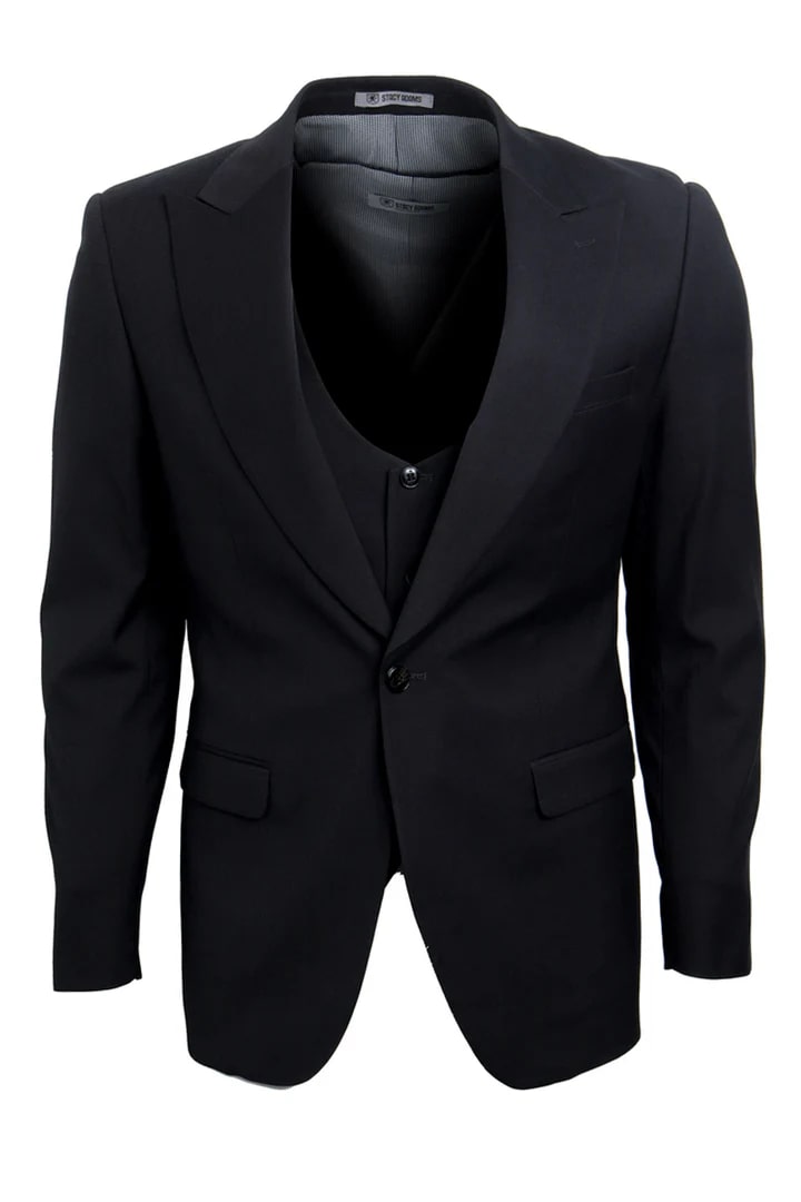 Cheap priced Suit - Men's Vested One Button Peak Lapel Stacy Adams Black Suit - 38 Short Jacket+32 Waist Adjustable 28to34)(Height: 5 4 to5 7 )(Neck  15-16.5)S-M)