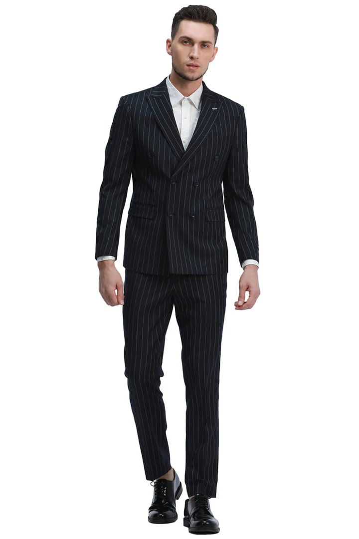 Cheap Suit - Men's Slim Fit Double Breasted Bold Gangster Pinstripe Black Suit