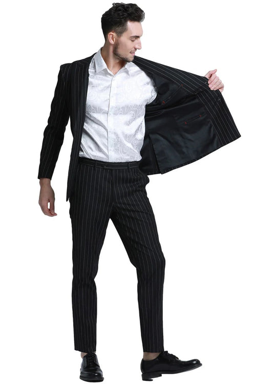 Cheap priced Suit - Men's Slim Fit Double Breasted Bold Gangster Pinstripe Black Suit