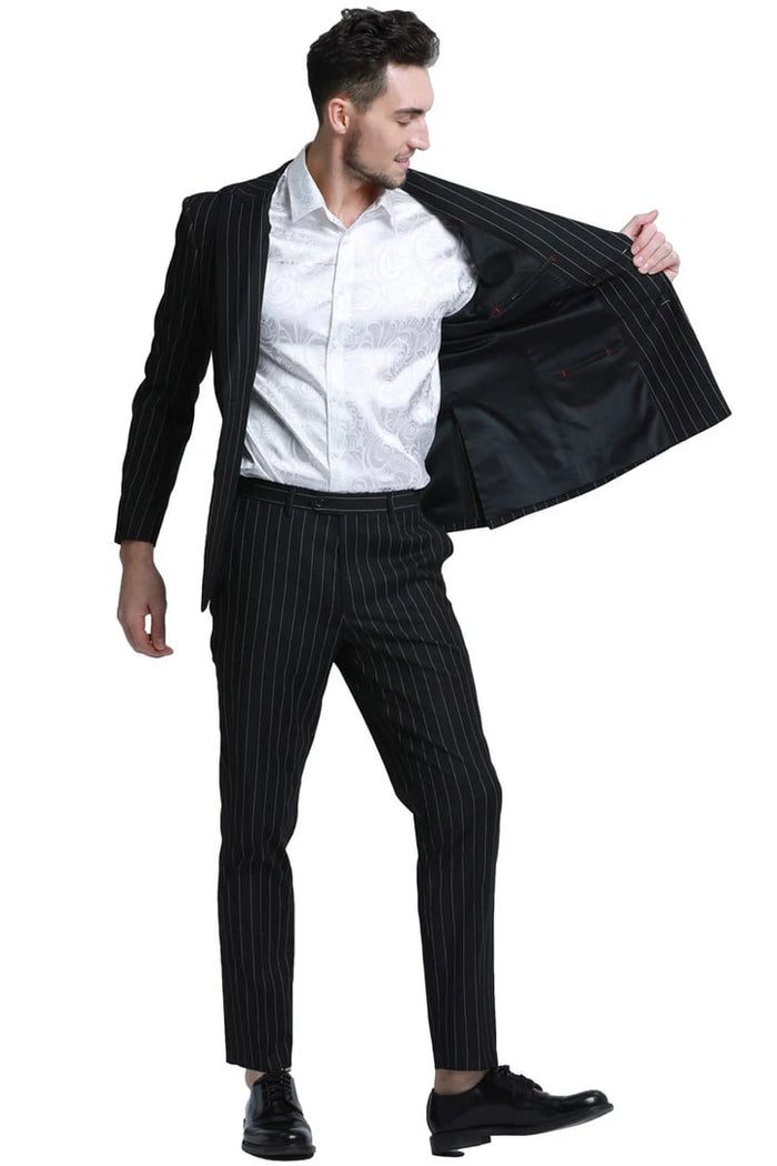 Cheap priced Suit - Men's Slim Fit Double Breasted Bold Gangster Pinstripe Black Suit