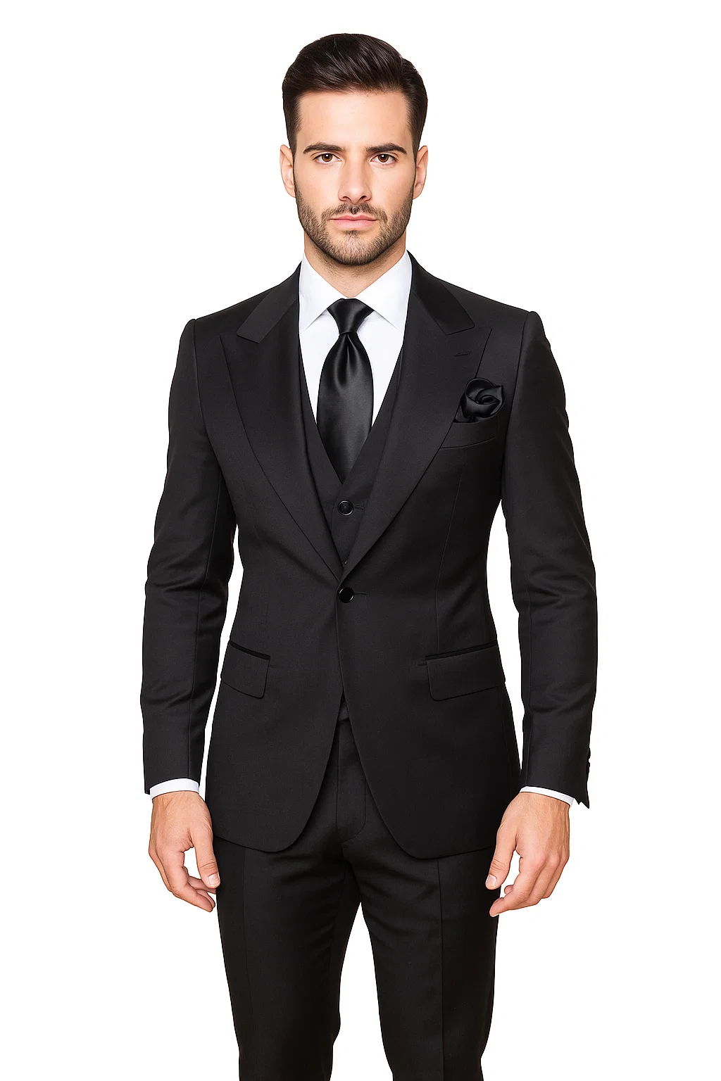Suits With Baggy Pleated Pants - Wide Leg Pants 100% Wool - Classic Fit in Black Color by Rossiman - 38 Regular