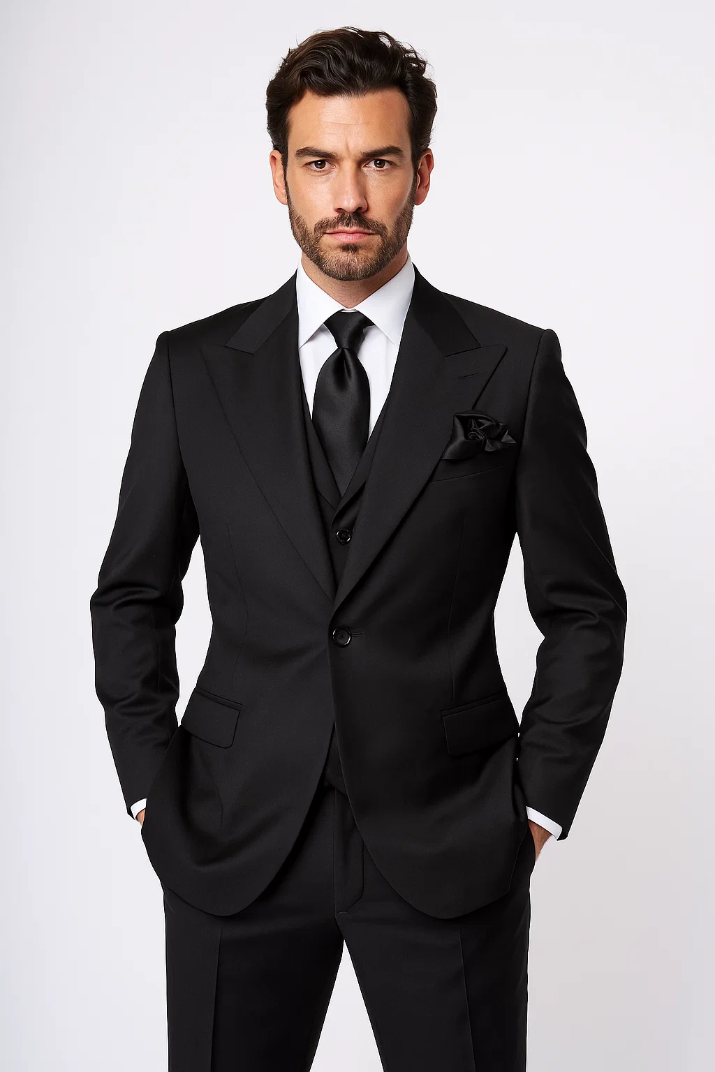 Suits With Baggy Pleated Pants - Wide Leg Pants 100% Wool - Classic Fit in Black Color by Rossiman - 38 Regular