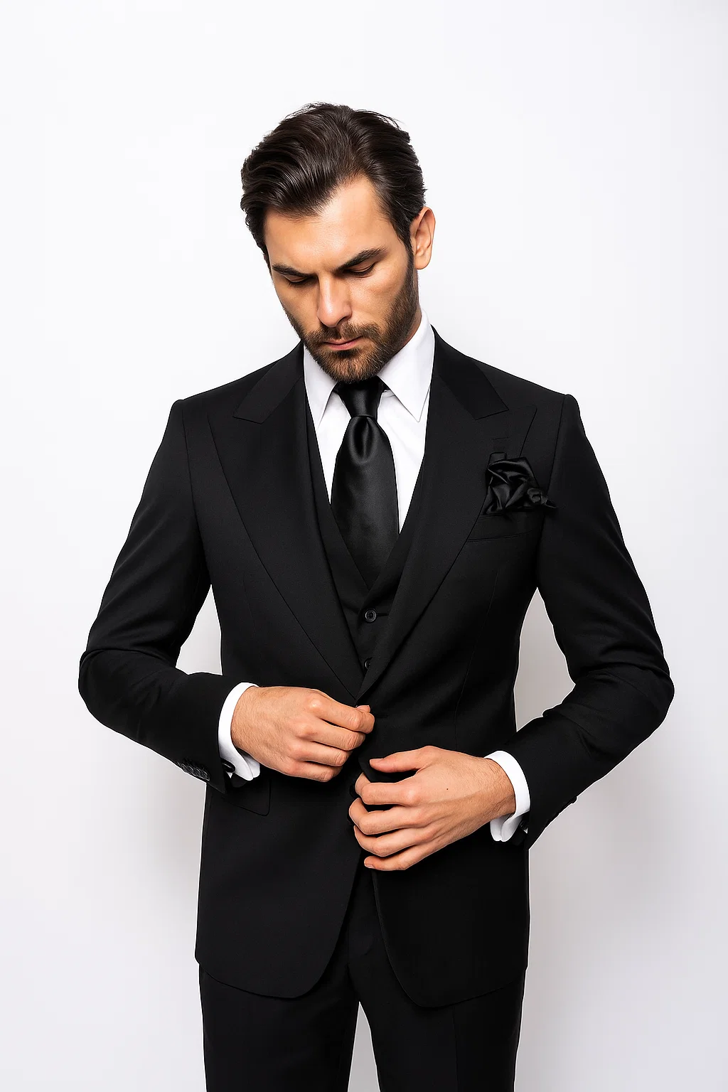 Suits With Baggy Pleated Pants - Wide Leg Pants 100% Wool - Classic Fit in Black Color by Rossiman - 38 Regular