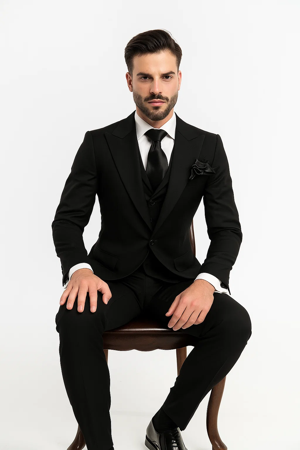 Suits With Baggy Pleated Pants - Wide Leg Pants 100% Wool - Classic Fit in Black Color by Rossiman - 38 Regular