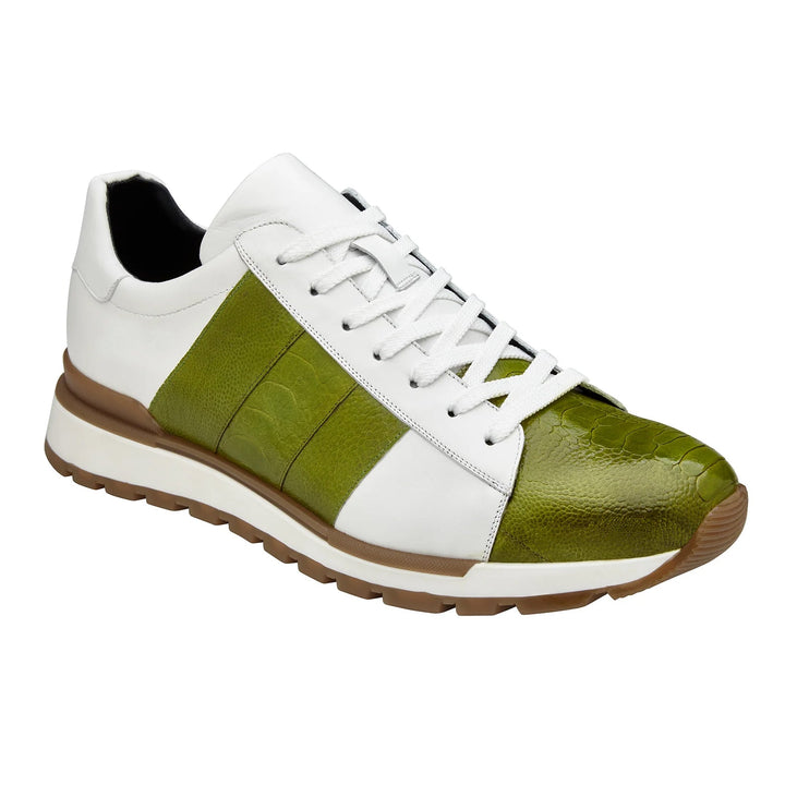 Men's Belvedere Blake Calf & Ostrich Leg Dress Sneaker in Lime Green & White - 9-M