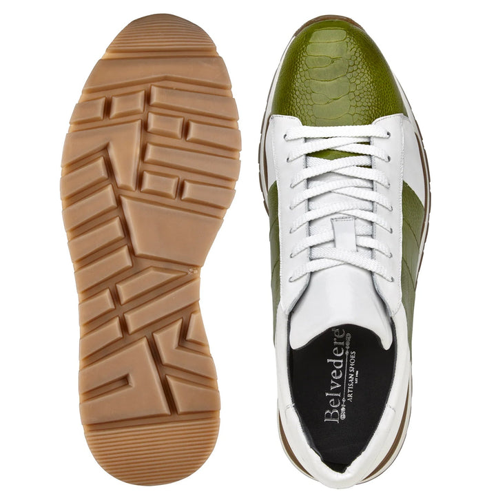 Men's Belvedere Blake Calf & Ostrich Leg Dress Sneaker in Lime Green & White - 9-M