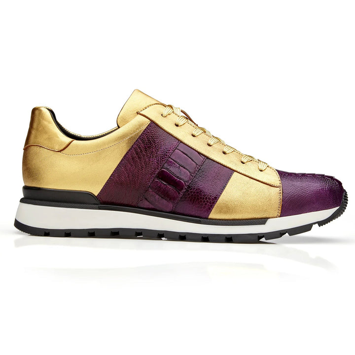 Men's Belvedere Blake Calf & Ostrich Leg Dress Sneaker in Purple & Gold - 9-M