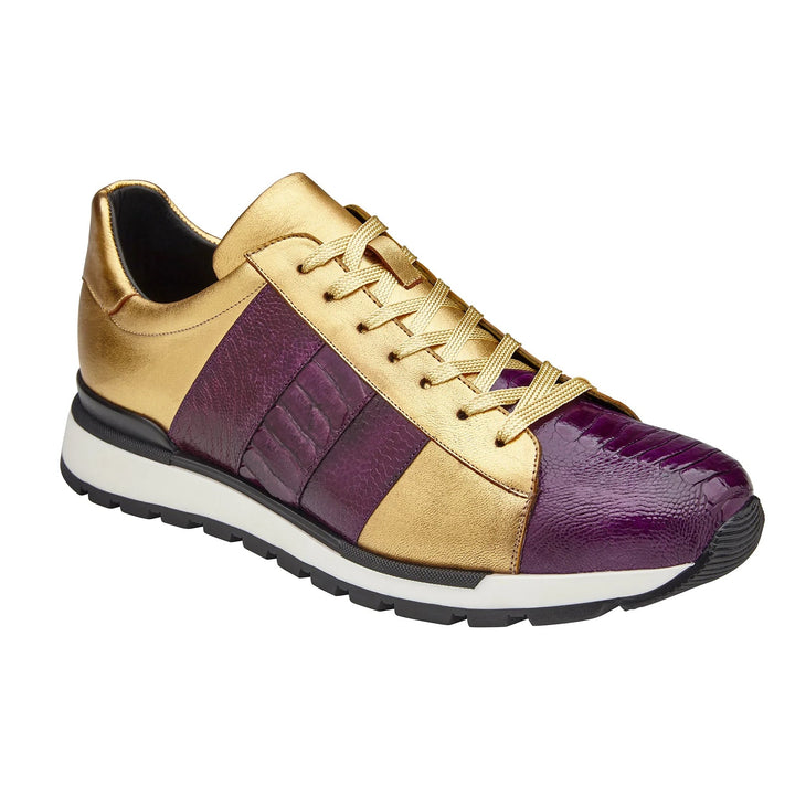 Men's Belvedere Blake Calf & Ostrich Leg Dress Sneaker in Purple & Gold - 9-M