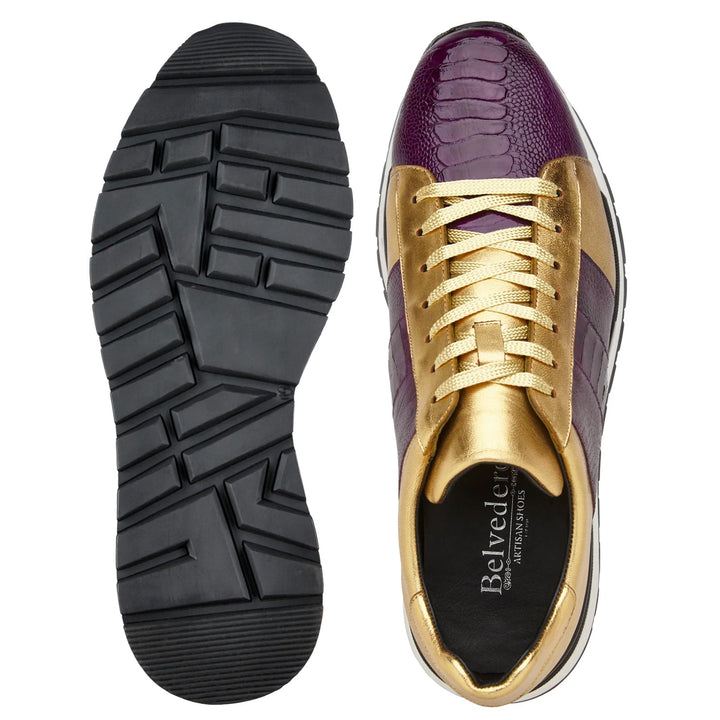 Men's Belvedere Blake Calf & Ostrich Leg Dress Sneaker in Purple & Gold - 9-M