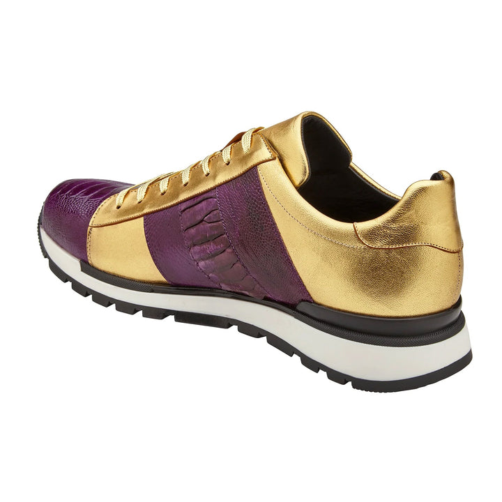 Men's Belvedere Blake Calf & Ostrich Leg Dress Sneaker in Purple & Gold - 9-M