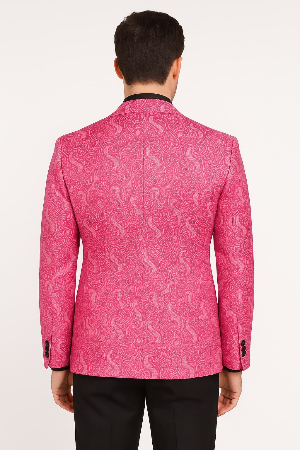 Mens Hot Pink Paisley Tuxedo Blazer with Black Shawl Lapel Fuchsia Color Dinner Jacket Perfect for Prom - Hot Pink