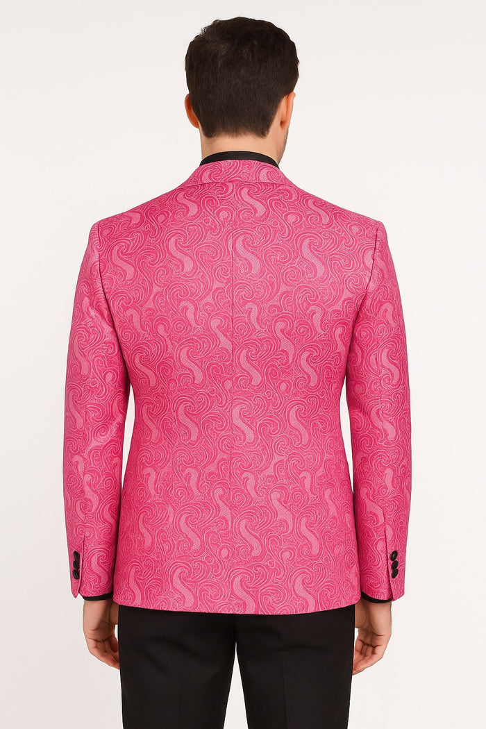 Mens Hot Pink Paisley Tuxedo Blazer with Black Shawl Lapel Fuchsia Color Dinner Jacket Perfect for Prom