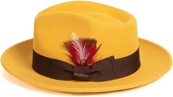 Gangster 100% Australian Wool Crushable Mens Fedora Hat - Removable Feather Gangster Mustard Mens Fedora Hat - S