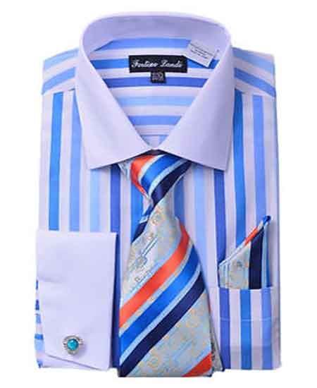 French Cuff Blue Striped Classic Fit Shirt With Matching Tie And Hanky White Collar Two Toned Contrast Men's Dress Shirt - 15.5 Neck / 34-35 sleeve