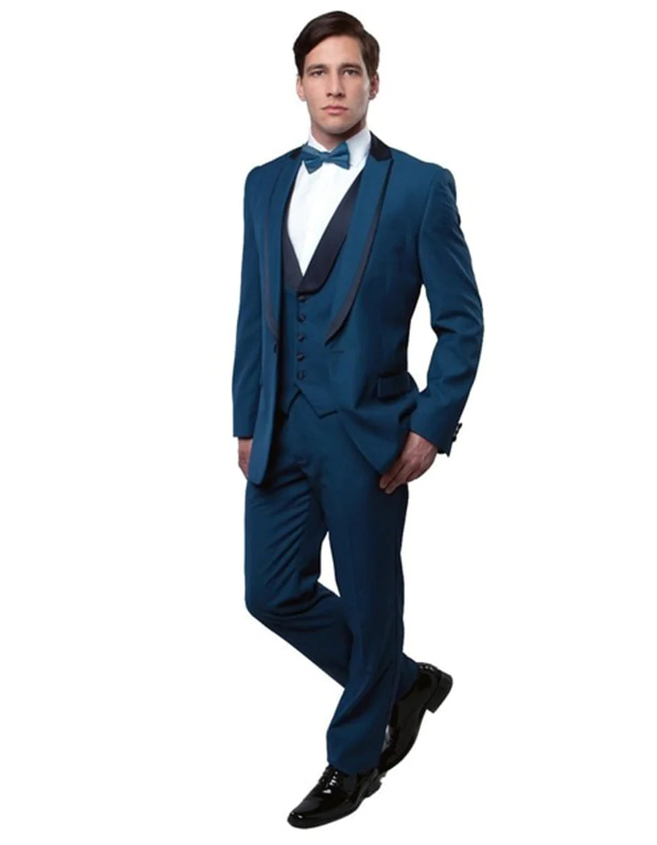 Mens Navy Blue Wedding Tuxedo - Dark Blue Tuxedo Suit" Mens Vested 1 Button Navy Wool Trim Peak Tuxedo