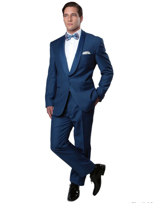 Mens Navy Blue Wedding Tuxedo - Dark Blue Tuxedo Suit" Mens 1 Button Navy Wool Feel - Designer Brand Shawl Tuxedo