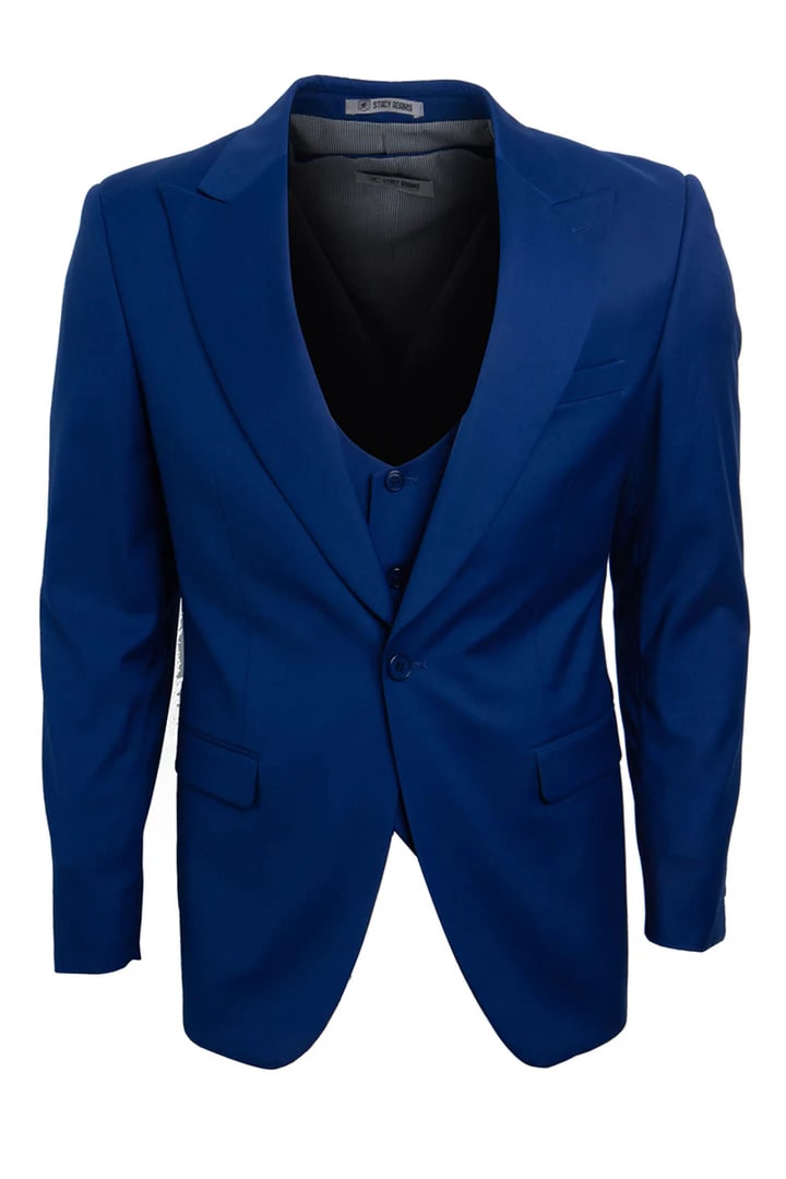 Cheap Suit - Men's Vested One Button Peak Lapel Stacy Adams Blue Suit