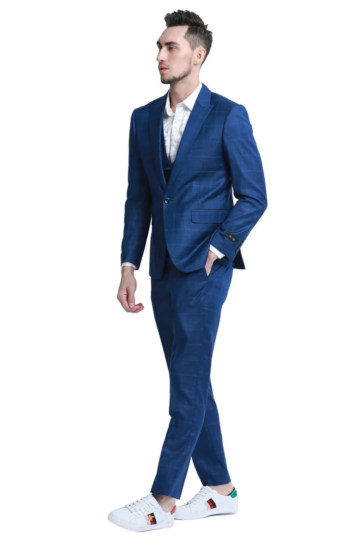 Cheap priced Suit  - Men's One Button Slim Fit Double Breasted Vest  Blue Plaid Suit - 38 Short Jacket+32 Waist Adjustable 28to34)(Height: 5 4 to5 7 )(Neck  15-16.5)S-M)