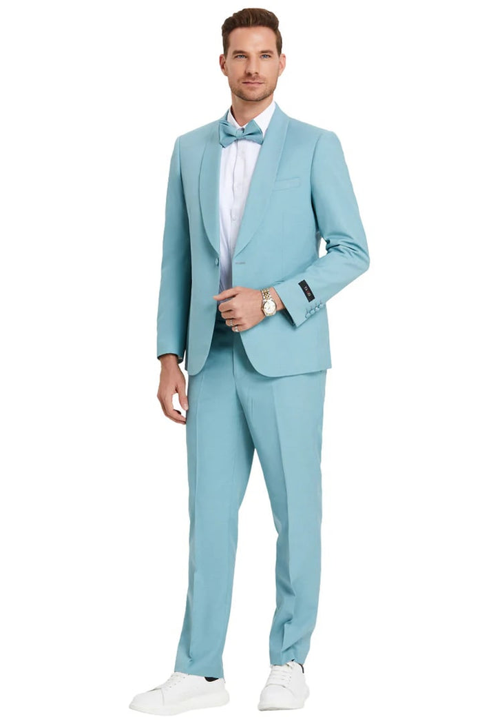 Cheap priced Suit  - Men's One Button Shawl Lapel Dinner Jacket Style Wedding Aqua Blue Suit