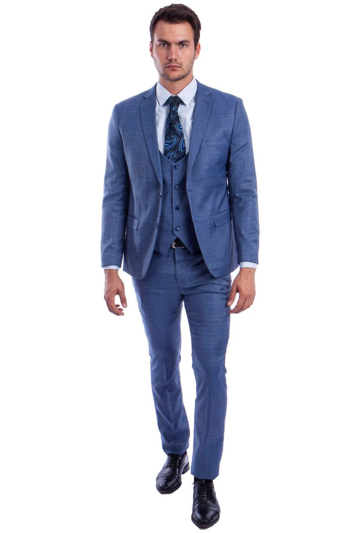 Cheap priced Suit - Men's Two Button Vested Skinny Fit Suit With Low Cut Vest In Blue Plaid