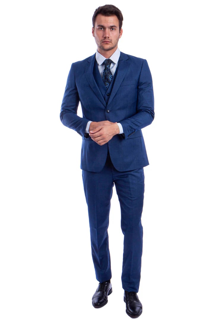 Cheap Suit - Men's Two Button Hybrid Fit Vested Sharkskin Wedding & Business Blue Suit