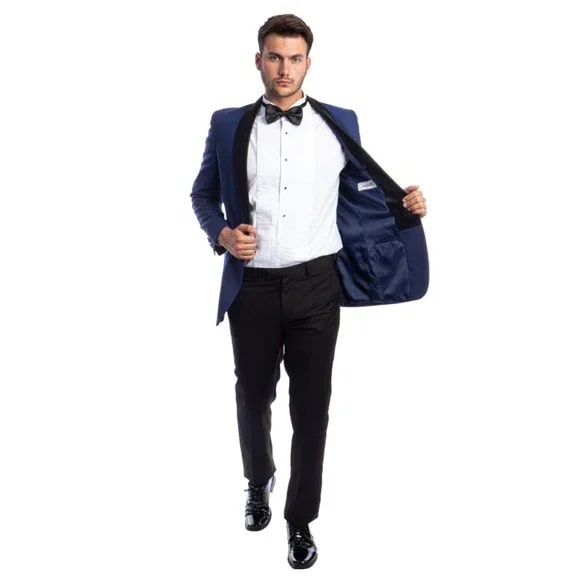 Mens Blue Tuxedo 2-PC Slim Fit, By Azzuro - 38 Short Jacket+32 Waist Adjustable 28to34)(Height: 5 4 to5 7 )(Neck  15-16.5)S-M)