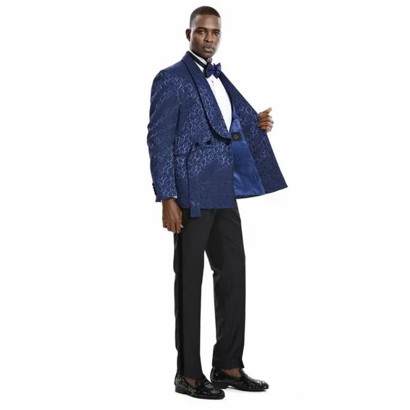 Knot Side Textured Paisley 2pc Tuxedo, Blue - 38 Short Jacket+32 Waist Adjustable 28to34)(Height: 5 4 to5 7 )(Neck  15-16.5)S-M)